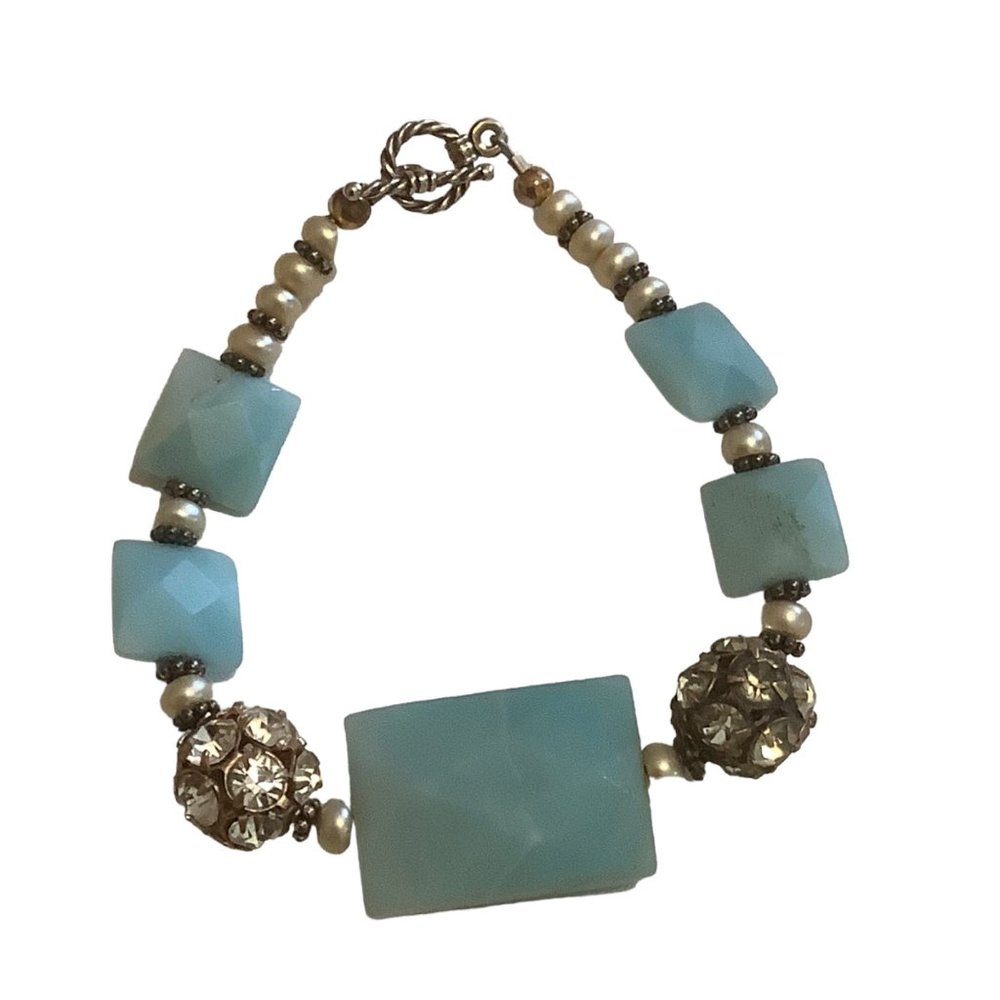 Pastel Blue Gemstone Bracelet Rhinestone Beaded Bracelet Faux Pearl Chic Glam